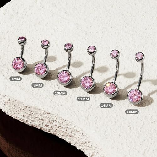 1PC/2PC/3PC G23 Titanium Belly Button Rings 14G 1.6MM Round Cubic Zirconia Belly Rings 6 Sizes of Length to Choose Navel Barbell Belly Piercing Jewelry for Women Men - color: Pink
