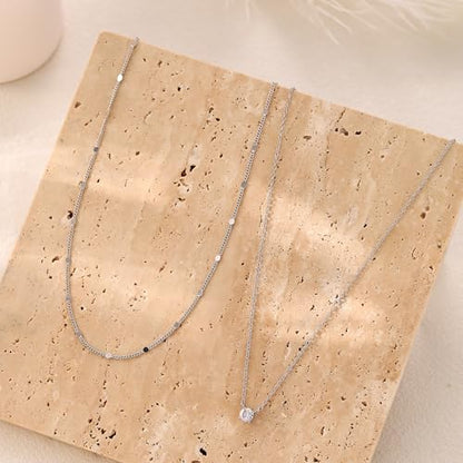 Layered Choker Necklace for Women Stackable Chain Dainty Zircon Pendant Set | 2PCS, Silver/14K Gold Plated, Box/Ball/Rope/Lip chain, Layering Diamond Cut CZ Pendant, Dainty Thin Chain, Trendy Prom Gift - color: Silver, style: Style 03