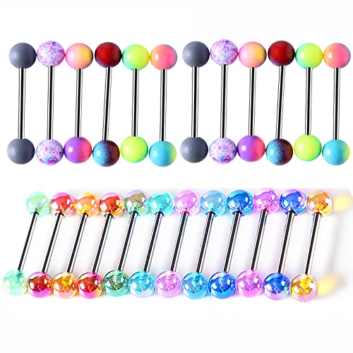 12/16/24Pcs Tongue Rings for Women Candy Color Ball Tongue Nipple Piercing 14G Surgical Steel Barbell Tongue Retainer Body Jewelry Bar Length 16mm - style: Style2-24Pack