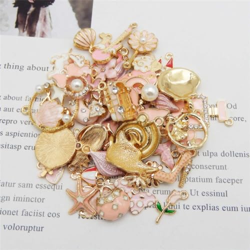 40pcs(20PAIRS) Assorted Gold Tone Enamel Animals Fruit Moon Star Dainty Dangle Flowers Pendants Charms for Jewelry Making Necklace Bracelet, Pink Theme