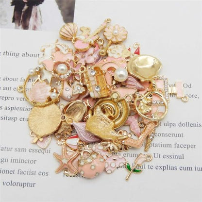 40pcs(20PAIRS) Assorted Gold Tone Enamel Animals Fruit Moon Star Dainty Dangle Flowers Pendants Charms for Jewelry Making Necklace Bracelet, Pink Theme