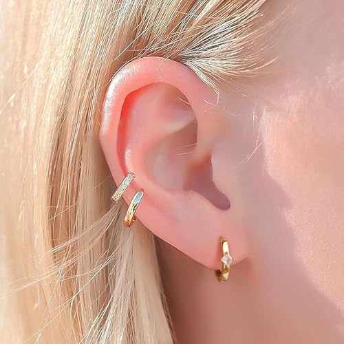 micuco 3 Pairs Small Gold Hoop Huggie Earrings Set for Women Men Tendy | 14K Gold Plated Small Huggie Hoop Earrings for Men, Tiny Cartilage Hypoallergenic Earring Set - style: M# SCZ Gold 8-10-12mm