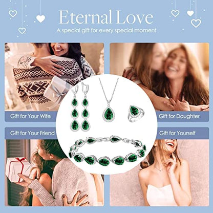 LMXXVJ Necklace Long Earrings Bracelet Set, White Gold Plated Created Blue Sapphire Jewelry Set Wedding Party Gift Jewelry for Women Bridal Bridesmaid - color: White Gold-Green Ring
