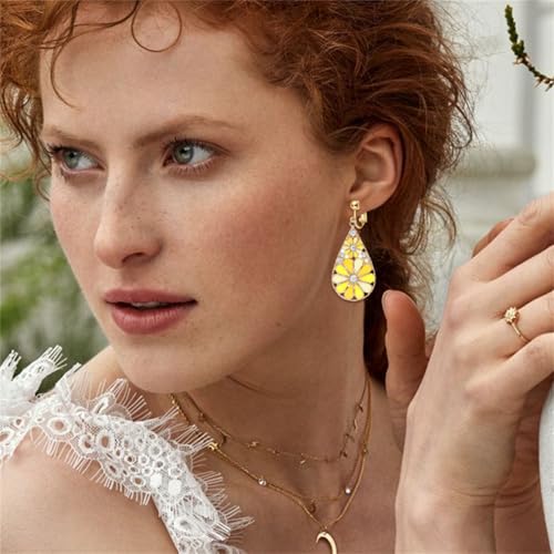 6 Pairs Bohemian Copper Crystal Teardrop Clip On Earrings for Women Handmade Colorful Enamel Floral Dangle Drop Earrings Retro Tribal Style Geometric Design Jewelry Gifts - color: Gold