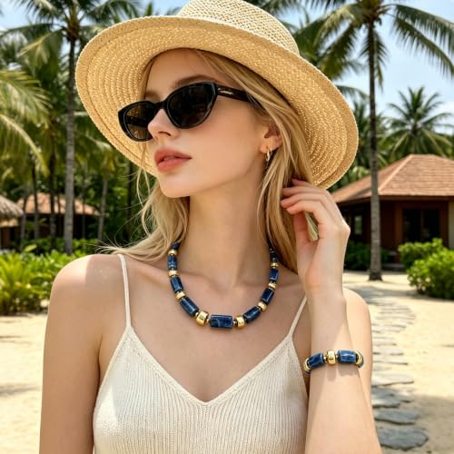 YBMYCM Colorful Resin Beaded Necklace Bracelet Set for Women, Adjustable Chunky Choker Necklace with Stretch Bracelet, Boho Statement Summer Beach Jewelry Gift for Her - color: Dark blue
