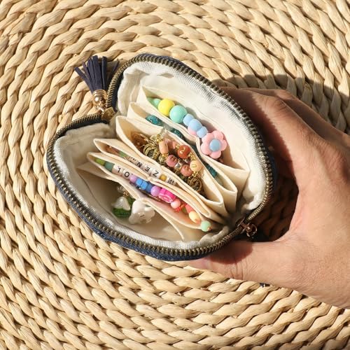 Styquenzer 1 Pack Travel Jewelry Case Organizer, Small Zipper Pouch Bag for Women, Soft Chenille Anti-Scratch Portable Storage + for Earrings Necklace Rings (Dark Blue)