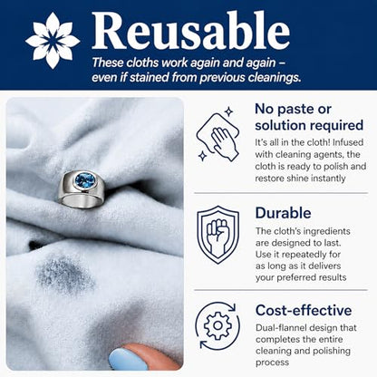 Mayflower Premium Jewelry Polishing Cloth Set of Two. Made in USA. Non Toxic Cleaning Formula -100% Ultra-Soft Cotton. Shines Silver, Gold, Platinum, Diamond Rings, Jewelry, Watches, Coins & Heirlooms - color: Grey and Blue