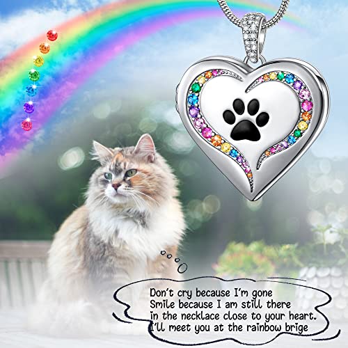 Fanery Sue Personalized Pet Locket Picture Necklace,Dog Cat Memory Gift | Custom Engraved Heart Photo Lockets Necklaces,Dog Cat Sympathy Memorial Jewelry for Women Men - color: Sliver, style: Pawprint on Rainbow Bridge