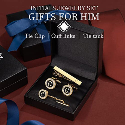 HAWSON Tie Clips, Cufflinks, Tie Tack & Lapel Pins for Men - Suitable for Neckties and French Cuff or Dress Shirt Suits - Jewelry Box Packed, Initials Designed - style: C-4pcs Sets