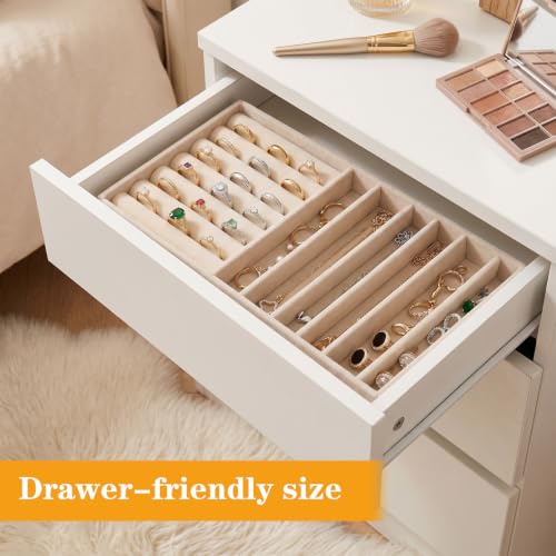 Stackable Velvet Tray Jewelrys Storage Organizers Jewelry Box Insert Organizer for Drawer Jewelry Drawer Organizer Inserts Ring Earring Stud Necklace Holder Display Storage Case (Beige, 8.3 x 4.9in)