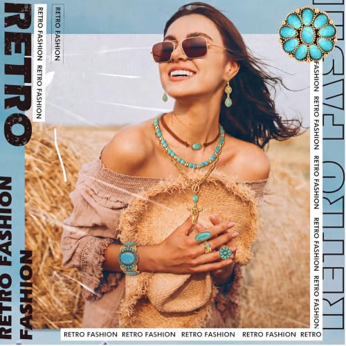 Ecally Bohemian Western Jewelry Turquoise Set Women Country Pendant Long Choker Layered Bracelets Earrings Ring for Women - color: Gold, style: Shiny