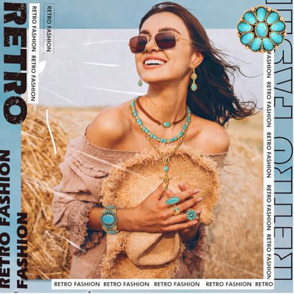Ecally Bohemian Western Jewelry Turquoise Set Women Country Pendant Long Choker Layered Bracelets Earrings Ring for Women - color: Gold, style: Shiny