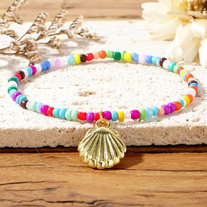 Shell Starfish Ankle Bracelet Set for Women,Handmade Bohemian Colorful Beaded Layered Hawaiian Beach Seashell Starfish Foot Jewelry Gifts Friendship Family