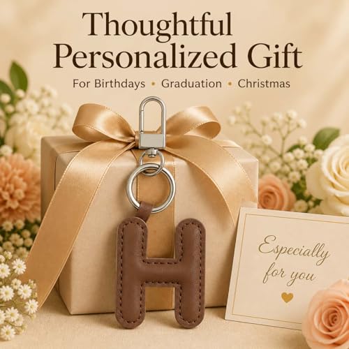 Initial Letter Keychain,Stainless Steel,Colorful Faux Leather Keyring for Backpack,Purse,Car Keys,Gift for Men Women - color: H