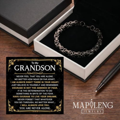 Grandson Gifts from Grandma Grandpa, Black Stainless Steel Bracelet with Meaningful Message Card, Birthday Gift for Grandson, Graduation Christmas Gift, Inspirational Keepsake Jewelry for Men - color: Grandson #3