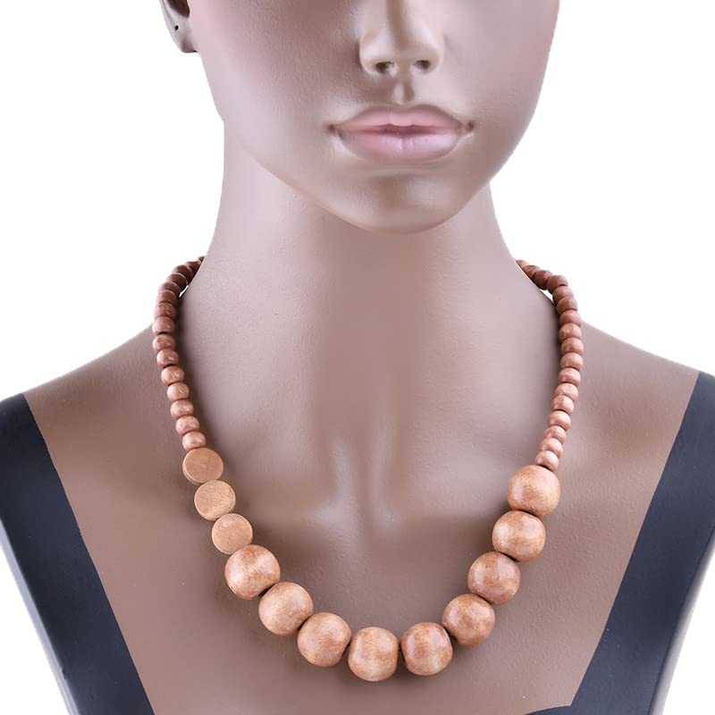 COLORFUL BLING Natural Chunky Wooden Beads Statement Necklace Boho African Tribal Collar Choker Bib Necklace Hippie Vacation Jewelry for Unisex Men Women - color: light ball