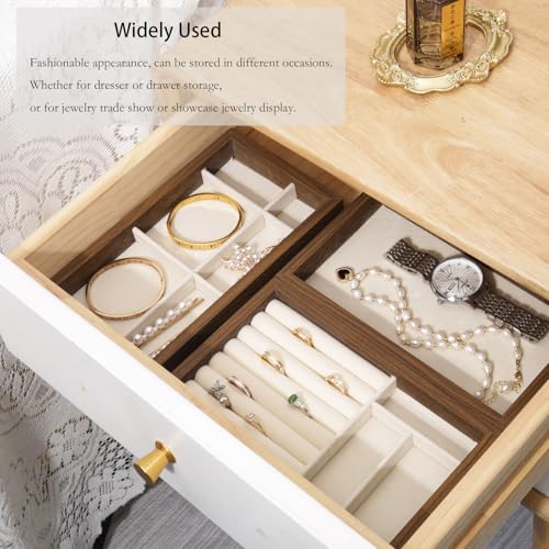 Wooden Jewelry Organizer Trays for Drawer, Stackable Jewelry Drawer Organizer Inserts, Set of 4 Jewelry Storage Flat Stacking Display Case Box for Rings Stud Necklaces(Beige)