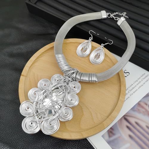 African Jewelry Sets Statement Big Crystal Pendent Necklace Earrings Set For Women Handmade Bib Collar Costume Tribal Fashion Accessories - color: KDLUN5305 Silver