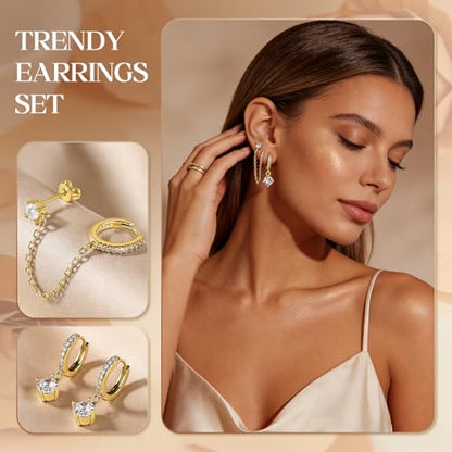 14K Gold Hoop Dangle Stud Earrings Surgical Steel Helix Piercing | Hypoallergenic,Cubic Zirconia,3 Pairs Huggie Hoop Set for Women,Dangle Stud,Cartilage Tragus Conch Earring,Jewelry Gift - color: A3-Gold Chain Earrings