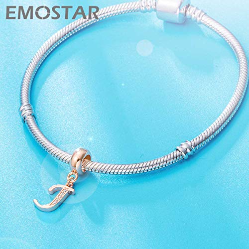EMOSTAR Letter Charms Initial A-Z Alphabet Beads, Rose Gold 925 Sterling Silver Dangle CZ Birthstone Pendant, Gifts for European Charm Bracelet/Mothers Day/Birthday - color: Letter J