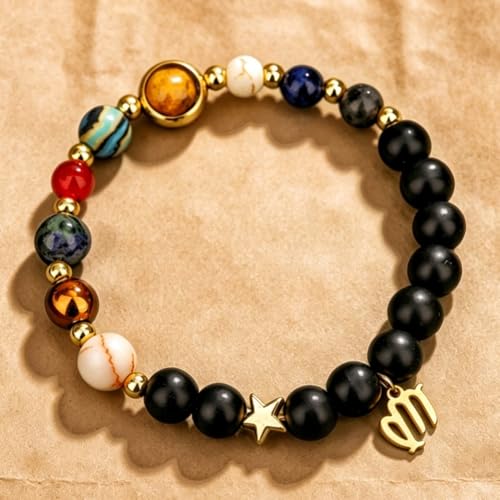 Solar System Planet Bead Zodiac Sign Stretch Bracelet for Men Women | Matte black beads with solar system planet stones, unisex design, perfect birthday holiday gift for men women - color: virgo