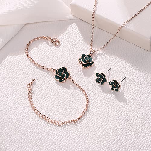 EleQueen Rose Flower Necklace Earrings Bracelet Set for Women - color: 05_Green Necklace+Earrings+Bracelet