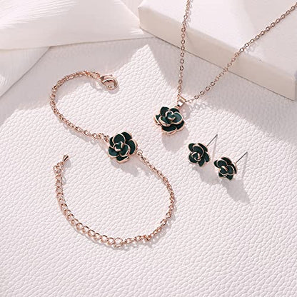 EleQueen Rose Flower Necklace Earrings Bracelet Set for Women - color: 05_Green Necklace+Earrings+Bracelet