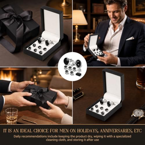 Cufflinks and Studs Set, Copper Formal Mens Cuff Links with Gift Box, Suitable for Black Suit White Shirts Vest and Red Bow tie on Wedding or Anniversary and Birthday