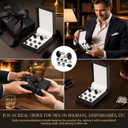 Cufflinks and Studs Set, Copper Formal Mens Cuff Links with Gift Box, Suitable for Black Suit White Shirts Vest and Red Bow tie on Wedding or Anniversary and Birthday