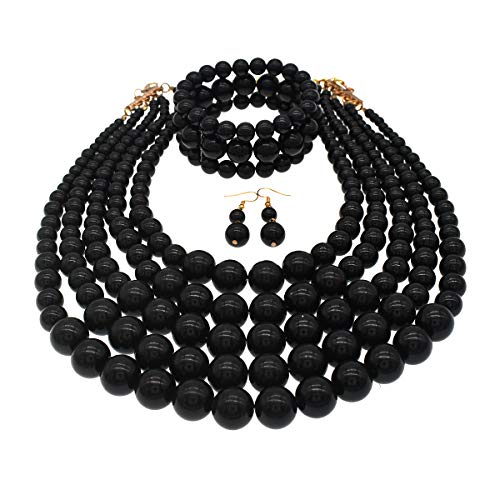 JNF Large Faux Pearl Necklaces for Women Multi strand Pearl Necklace Bracelet and Earrings Set 1920s Costume Pearls Necklace Jewelry Accessories - color: Black