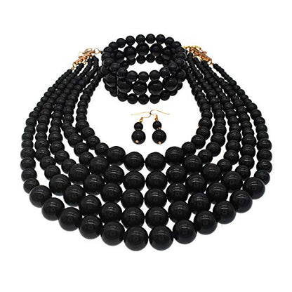 JNF Large Faux Pearl Necklaces for Women Multi strand Pearl Necklace Bracelet and Earrings Set 1920s Costume Pearls Necklace Jewelry Accessories - color: Black
