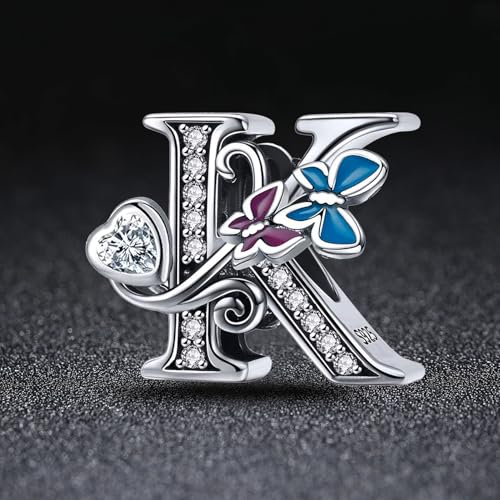 S925 Silver Butterfly Initial Letter Charms Fit for Pandora Charms Bracelets and Necklace Alphabet Bead Charms Jewelry Gifts for Women - color: K