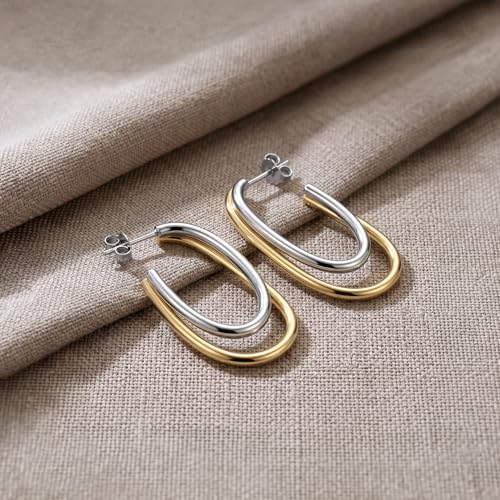 LeCalla Real 925 Sterling Silver C Hoop Earrings | Lightweight Small Hoops Italian Half Earring Hoops for Women - color: Two-Tone Oval Hoops-25mm