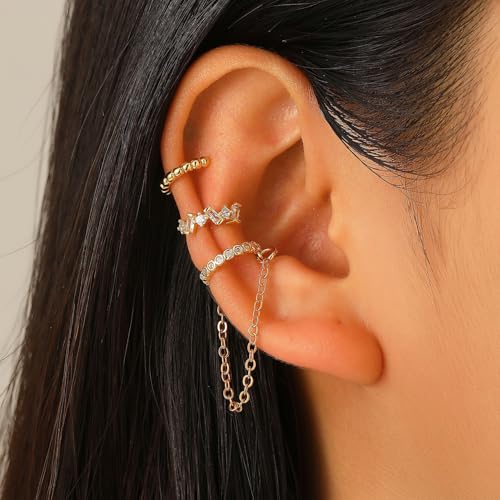3Pcs Ear Cuffs Non Piercings for Women, Trendy Cubic Zirconia Gold Silver Clip On Cuff Earrings Set Jewelry Dainty Fake Cartilage Earring - color: Gold Chain2