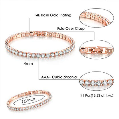 2 Pcs Tennis Bracelets for Women 14K Gold Plated AAA+ Cubic Zirconia CZ Diamond Classic Adjustable Slider Bracelet Fashion Jewelry Wedding Gift Size 6.5-7.5 Inch - color: Rose Gold, size: 7.0 Inches