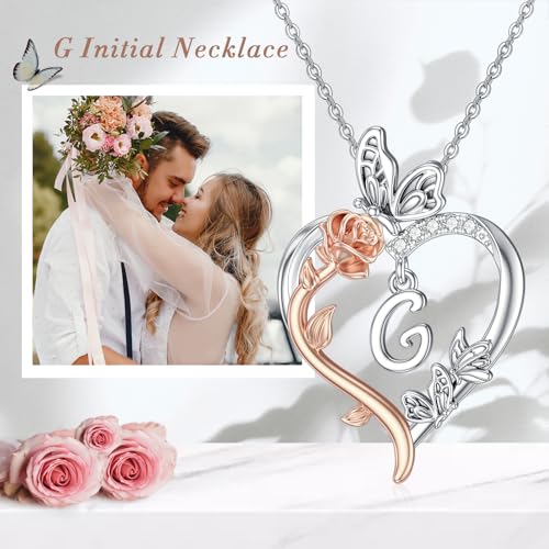 TOUPOP Gifts for Women Her 925 Sterling Silver Rose Heart Initial Necklace Butterfly Heart Jewelry Anniversary Birthday Gifts for Wife Girlfriend Mom - color: G Initial