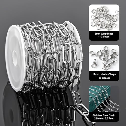 UMAOKANG 6.6 Feet Stainless Steel Chains for Jewelry Making Paperclip Link Craft Chain Roll with Jump Rings and Lobster Clasps - color: Paperclip Silver