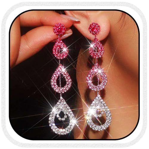 Catery Long Rhinestone Earrings Silver Pageant Earrings Dangling for Women Wedding - color: Hot Pink