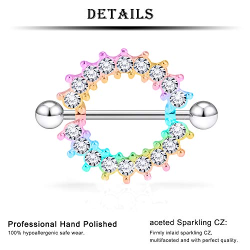 14G Nipple Tongue Rings 6 Pairs Surgical Steel Nipple Nipplerings Shield Ring Barbell Bar Hoop Piercing Body Jewelry CZ Round Shape for Women - color: 13Pairs Rainbrow