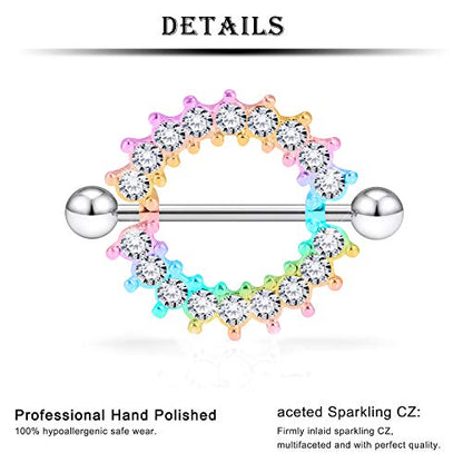 14G Nipple Tongue Rings 6 Pairs Surgical Steel Nipple Nipplerings Shield Ring Barbell Bar Hoop Piercing Body Jewelry CZ Round Shape for Women - color: 13Pairs Rainbrow