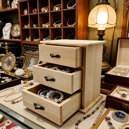 2-Pack Unfinished Solid Pine Wood Box with 3 Mini Drawers, Blank Natural Wooden Jewelry Organizer, Paintable and Carvable Storage Box for Arts, Crafts and DIY Projects