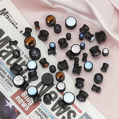 YOFANST 8pcs Natural Wood Ear Plugs Inlaid with Stone Saddle Earrings Piercing Gauges 2g-5/8 inch - color: Black