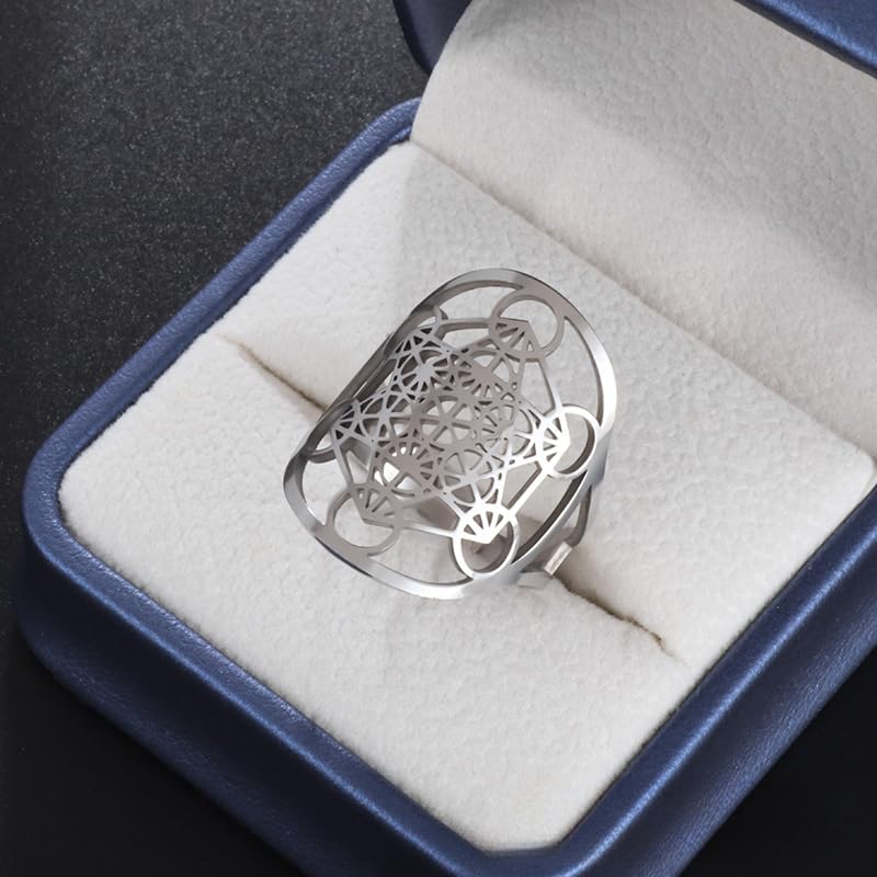 Metatron's Cube Ring Angel Seal Archangel Metatron Cube Protection Statement Hollowed Out Womens Stainless Steel Open Band Ring Jewelry - color: Silver