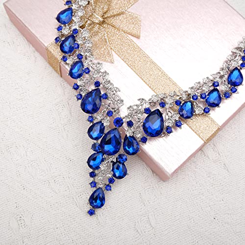 CSY Elegant Crystal Costume Jewelry Sets Flower Bridal Necklace Earrings Stretch Bangle Set for Bride Bridesmaid Wedding Dress Accessories - color: royal blue crystal-platinum tone