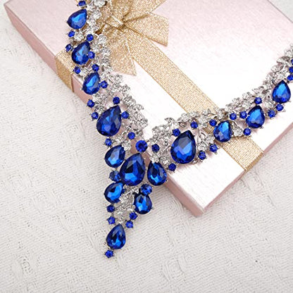 CSY Elegant Crystal Costume Jewelry Sets Flower Bridal Necklace Earrings Stretch Bangle Set for Bride Bridesmaid Wedding Dress Accessories - color: royal blue crystal-platinum tone