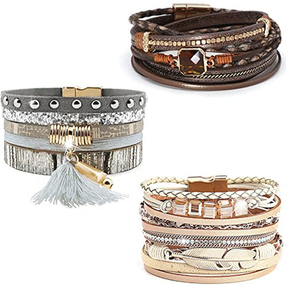 Leather Wrap Bracelet Set 3Pack Wrist Cuff Bracelet for Women Multilayer Magnetic Clasp Bracelet Feather Tree Bead Crystal Bracelet - color: Crystal Tassel