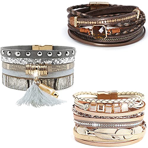 Leather Wrap Bracelet Set 3Pack Wrist Cuff Bracelet for Women Multilayer Magnetic Clasp Bracelet Feather Tree Bead Crystal Bracelet - color: Crystal Tassel