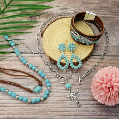 RechicGu Western Jewelry For Women Bohemian Turquoise Dangle Earrings Necklace Bracelet Set, Bullhead Pendant Layered Choker Boho Faux Leather Wristband Country Concert Cowgirl Accessories - color: Jewelry Set B