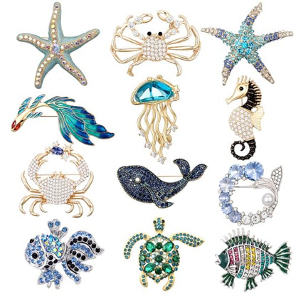 12 Pcs Women Brooches Bulk Vintage Rhinestone Pin Set - style: Ocean