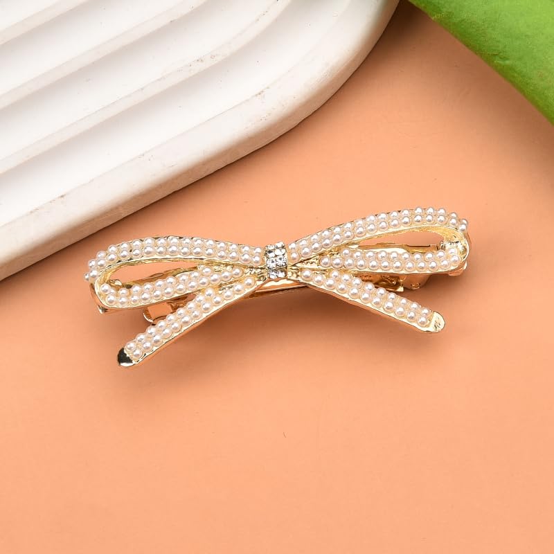 French Bow Crystal Rhinestone Bow-knot Pearl Hair Clips Barrette Hair Pin Hairpin Gold Pearl Accessories for Women Girls Bridal Wedding Prom - color: Pearl